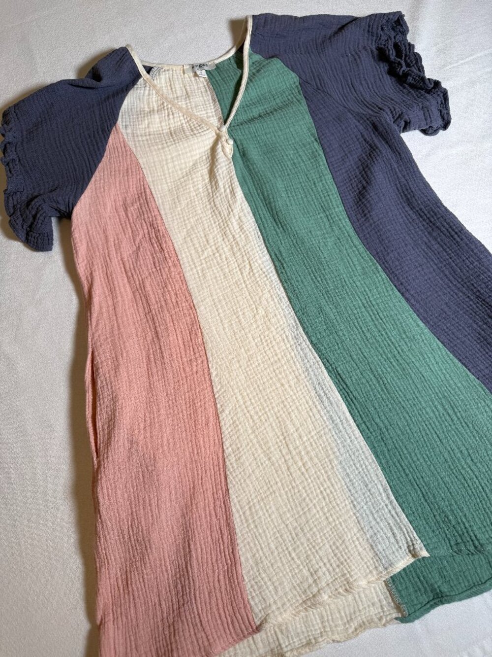 Umgee Boho Cotton Gauze Colorblock V-Neck Tunic Top Dress Size S Pockets